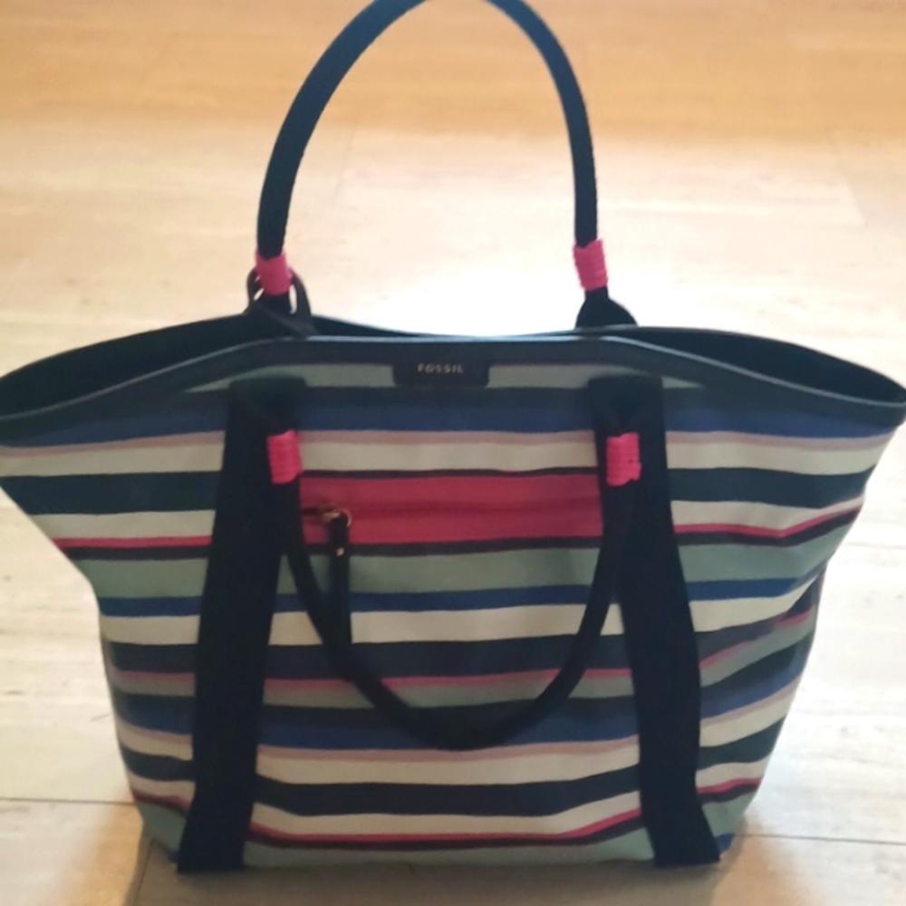 Fossil Striped Tote Bag with Zipper Pouch